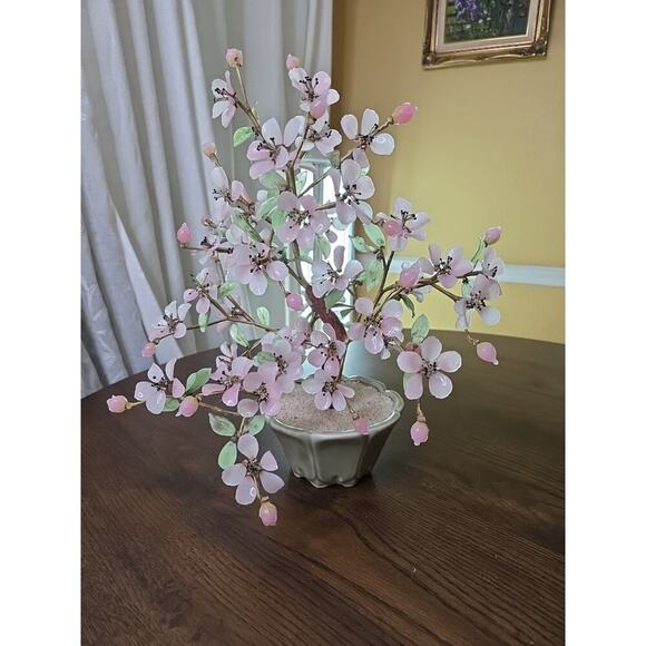 Vintage Large Mid Century Chinese Jade Glass Agate Bonsai Flower Tree 15 X 18 - Picture 3 of 16